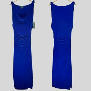 Lauren Ralph Lauren Evening Dress Size 16 Blue Cowl Neck Maxi Gown Shirred NWT